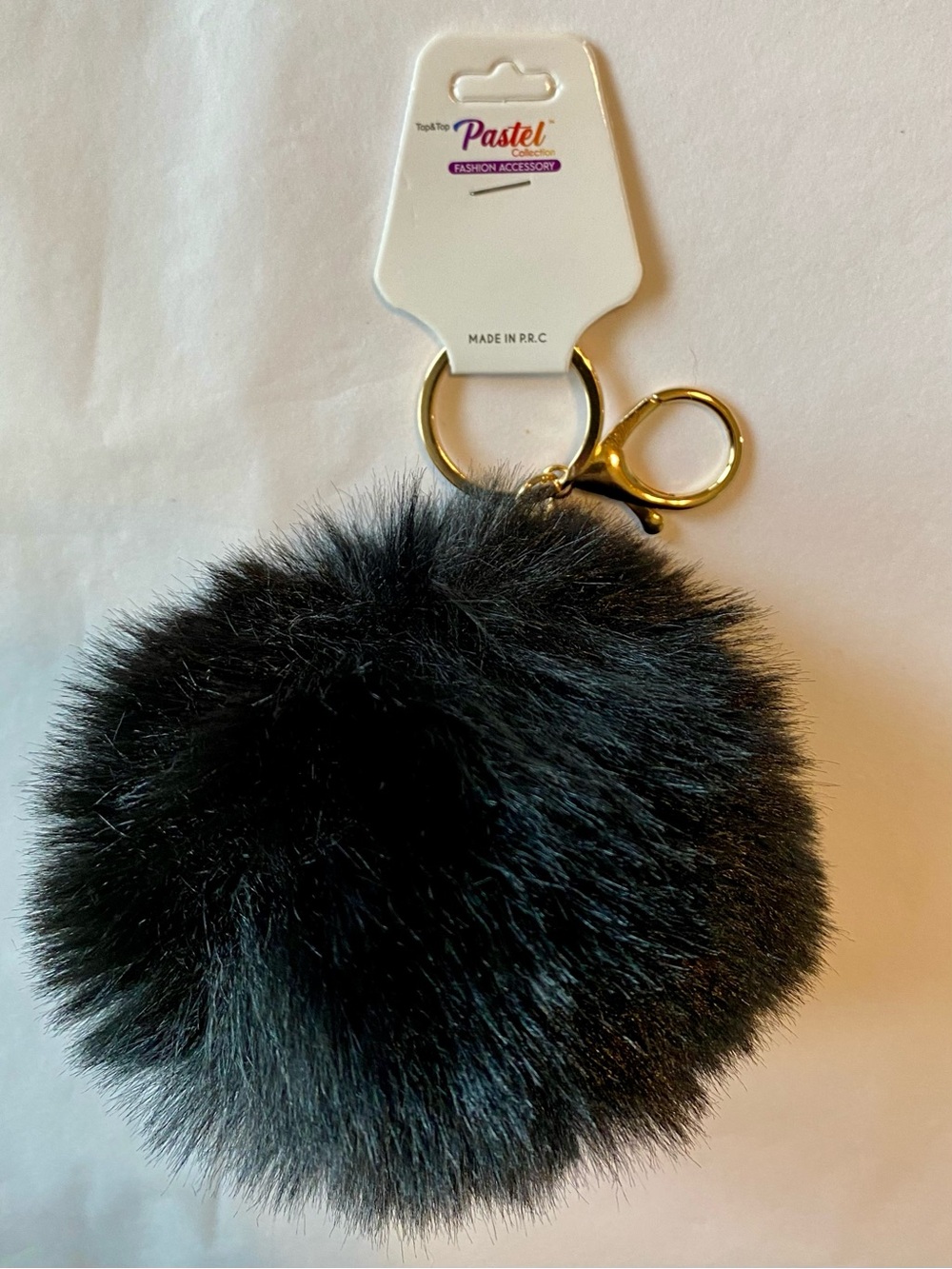 Large Faux Fur Pom Bag Charm Keychain in Black with Gold Hardware